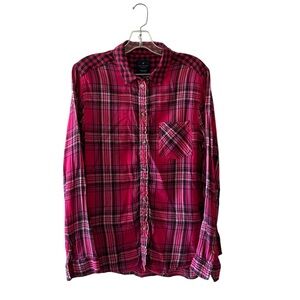 American Eagle Boyfriend Shirt Women L Pink Plaid Flannel Button Up Cotton